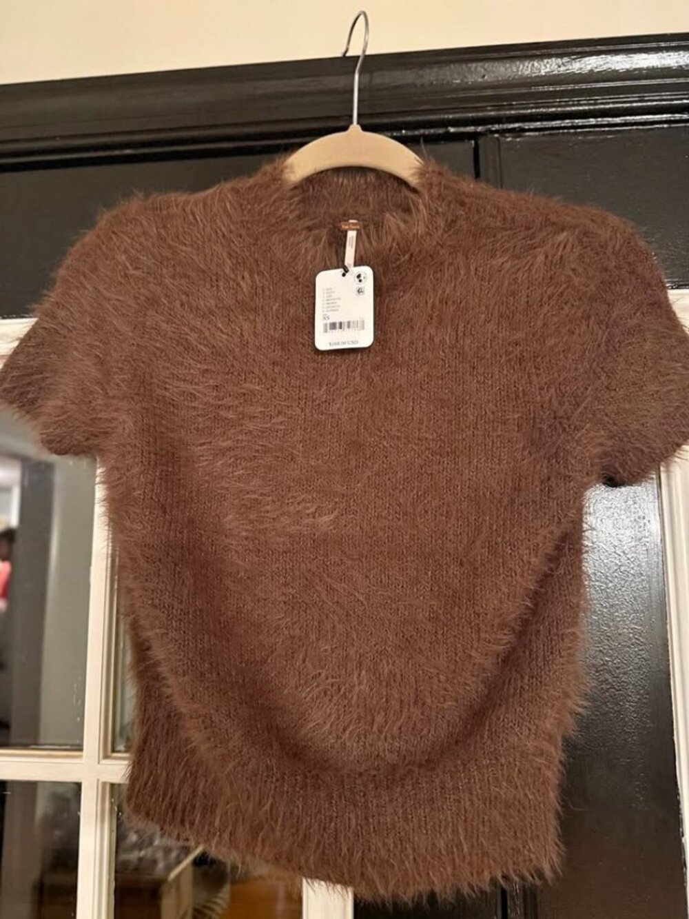 NWT Free People Fuzzy Short Sleeve Sweater Brunette Brown XS